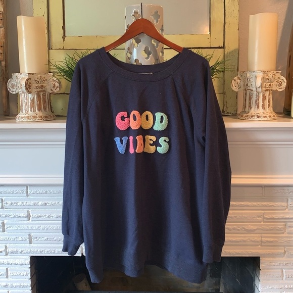 Wildfox Good Vibes Colorful Crewneck Blue Lightweight Sweatshirt XXL - Picture 1 of 6